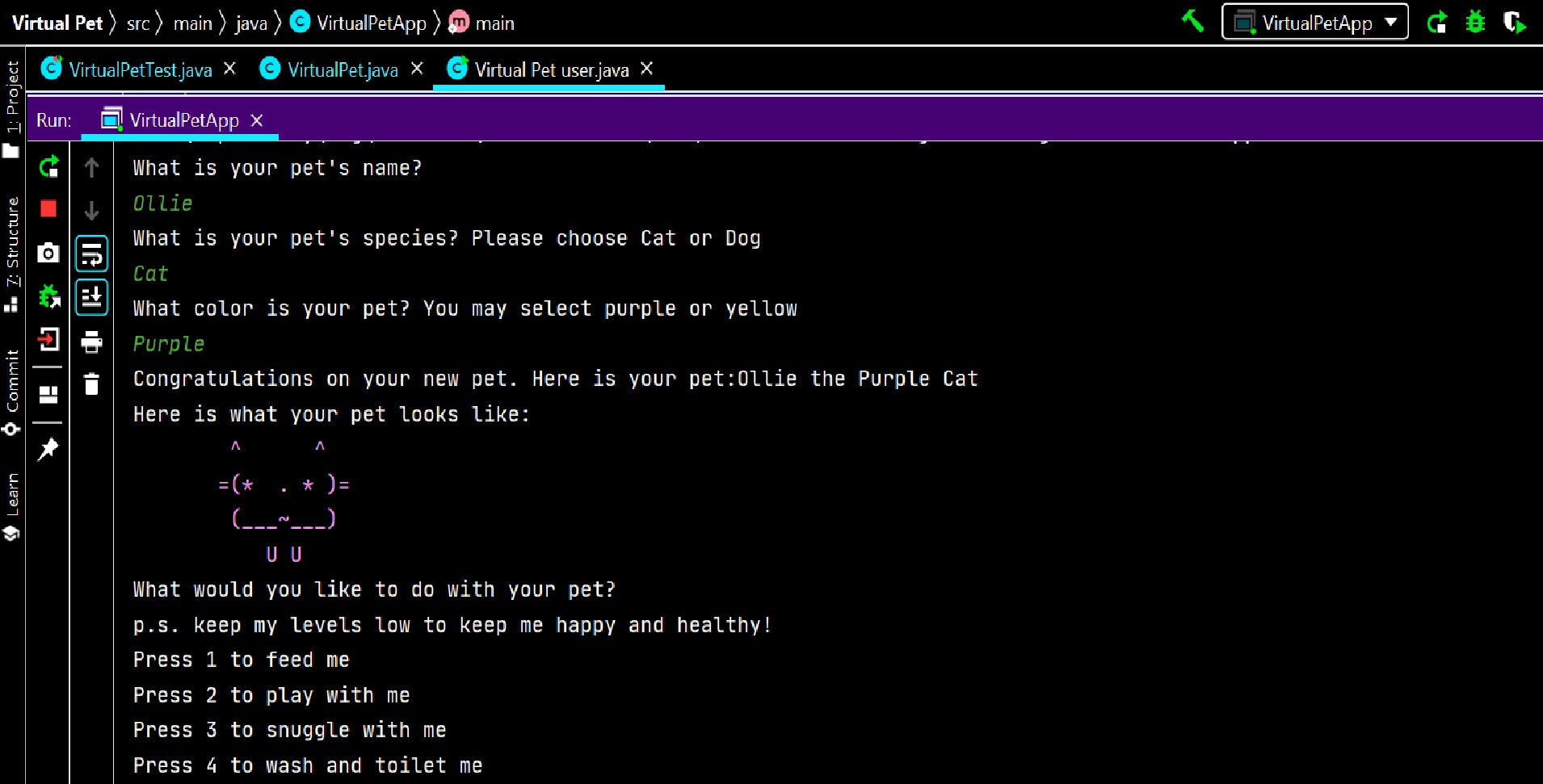 An image of code that simulates it running. Features a purple cat named Ollie